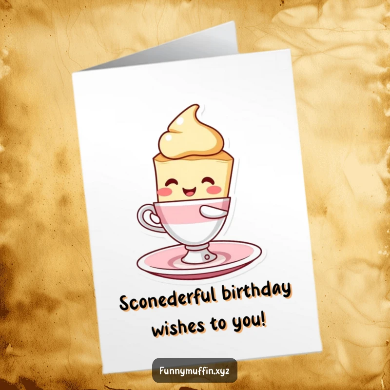 Funny Free Printable Birthday Card: A happy scone character precariously balancing a teacup and saucer with goofy glee.