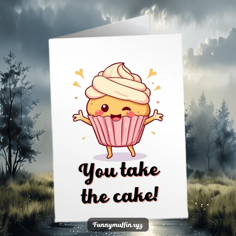 Funny Free Printable Congrats Card: A happy muffin dances enthusiastically, celebrating a wonderful accomplishment with frosting swirls.