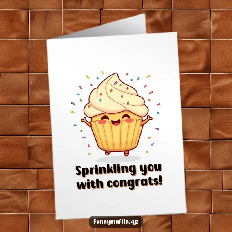 Funny Free Printable Congratulations Card: A cheerful muffin character spins energetically with sprinkles flying, celebrating.