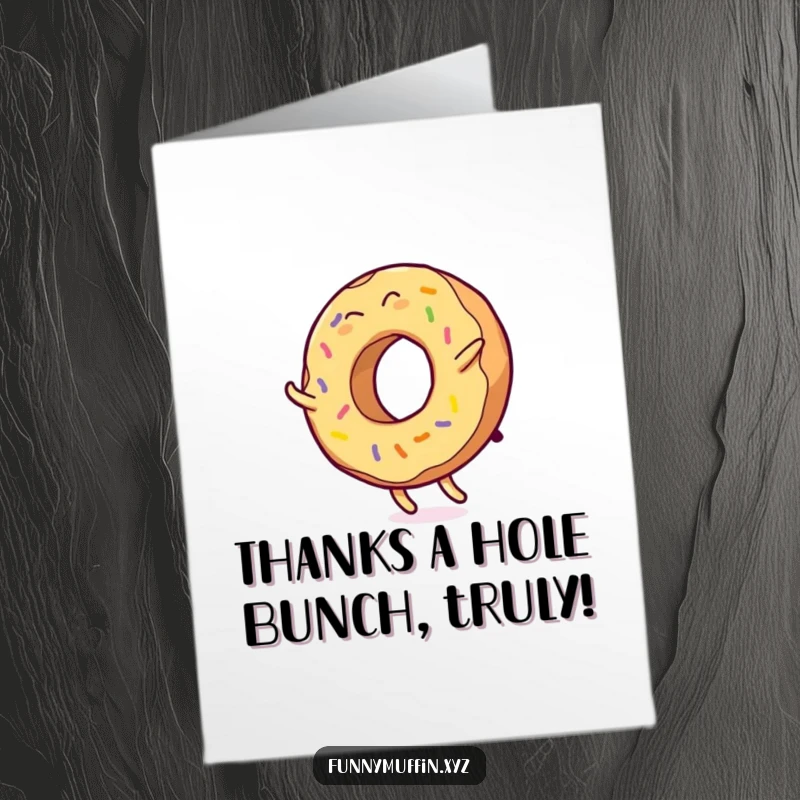 Funny Free Printable Thank You Card: A giggling donut character with colorful icing, performing a thankful cartwheel.