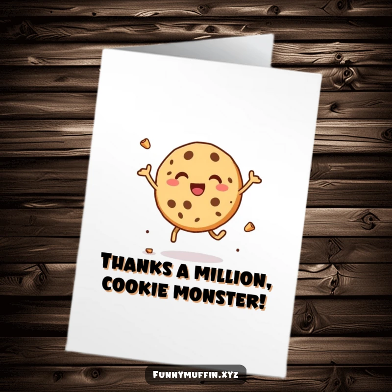 Funny Free Printable Thank You Card: A delighted cookie character leaping with joy, scattering crumbs as thanks.