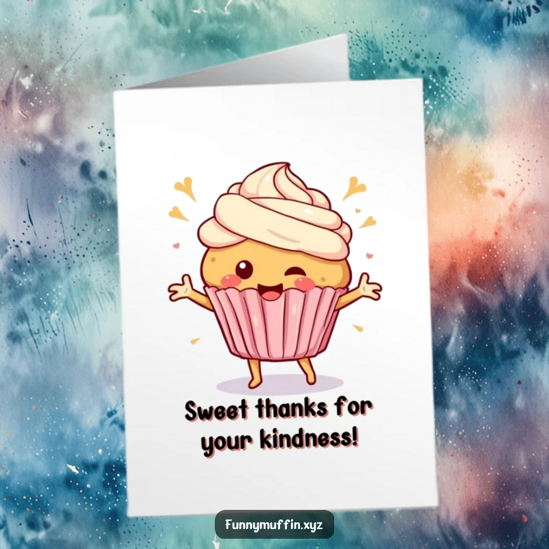 Funny Free Printable Thank You Card: A happy muffin with frosting dances merrily, sending sweet thanks and good vibes.