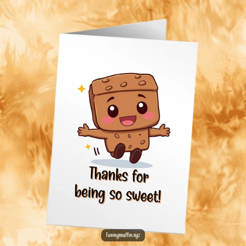 Funny Free Printable Thank You Card: A happy brownie character rolling forward with pure glee, conveying heartfelt thanks.