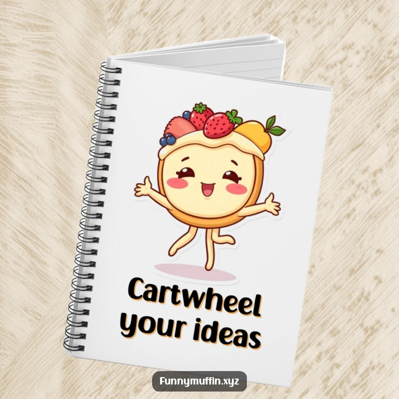 Funny notebook cover depicting a fruit-topped tart doing a cartwheel, ideal for jotting down sweet thoughts and plans.