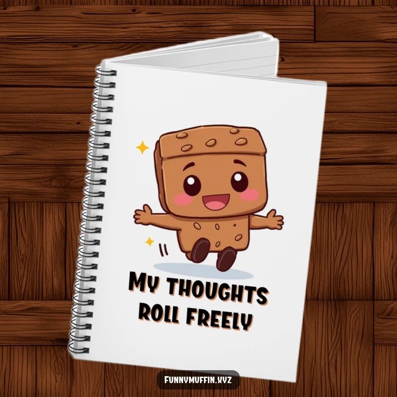 Funny beaming brownie character notebook cover, gleefully rolling forward, inspiring sweet and joyful thoughts.