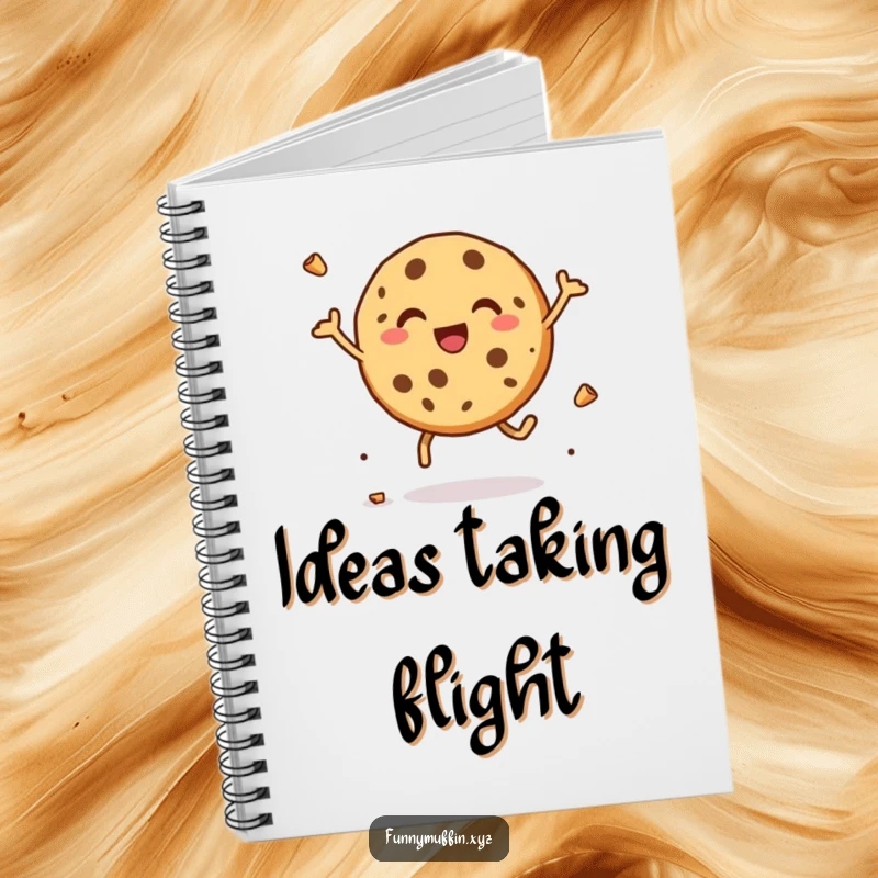 Funny notebook with a delighted cookie character leaping with joy, crumbs scattering, ideal for capturing thoughts humorously.