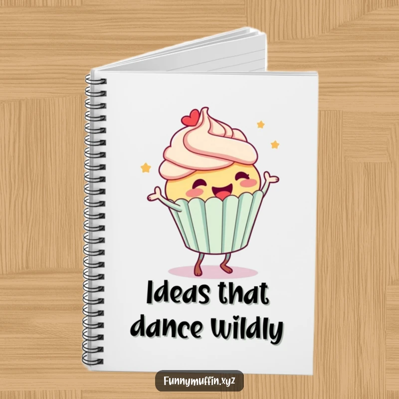 Funny notebook featuring a happy cupcake character dancing with abandon, frosting flying, perfect for capturing thoughts with humor.