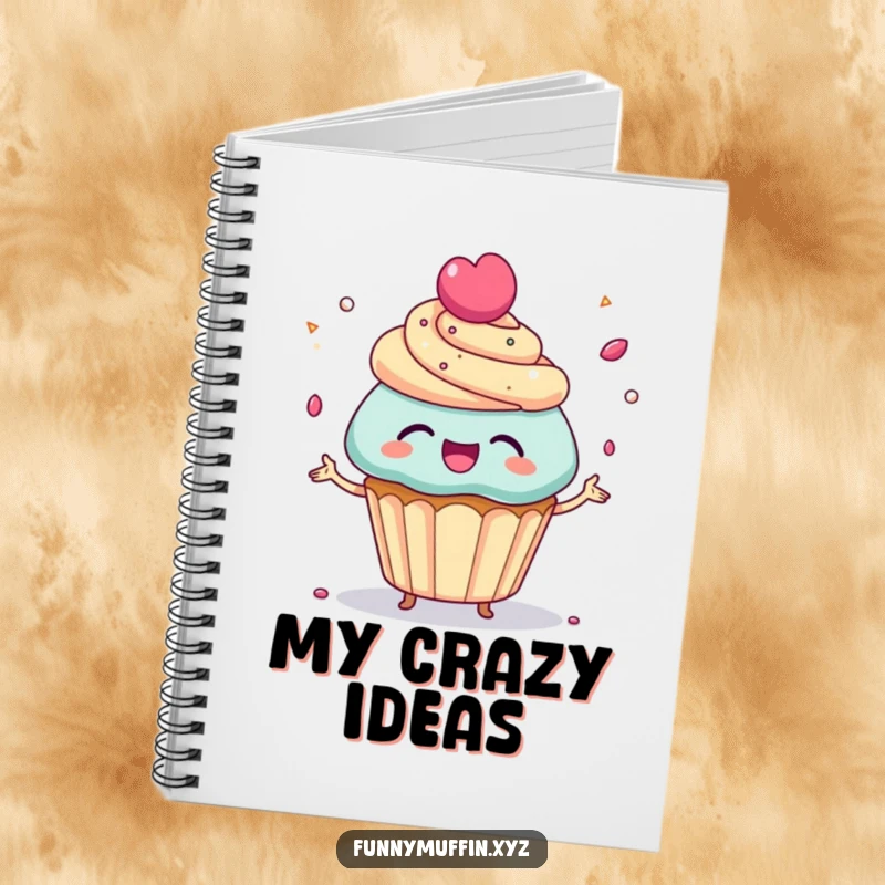 Funny Notebook featuring a giggling cupcake character juggling tiny candy sprinkles, ideal for capturing sweet thoughts and playful ideas.