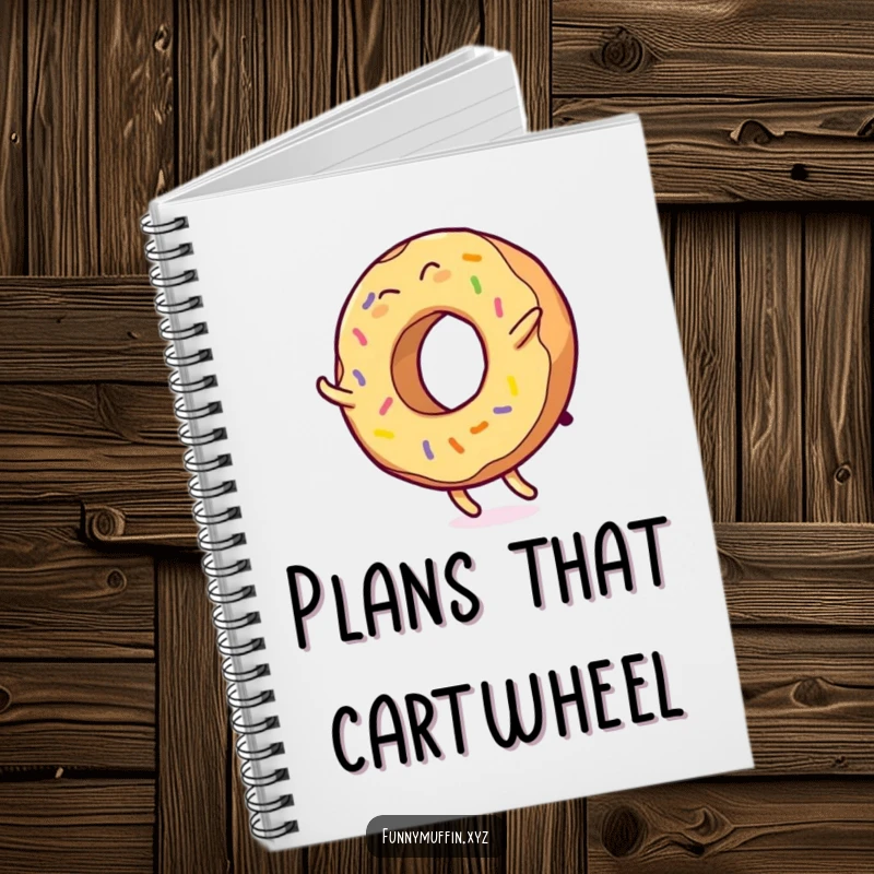 Funny notebook with a giggling donut character doing a cartwheel, icing flying, ideal for capturing thoughts humorously.