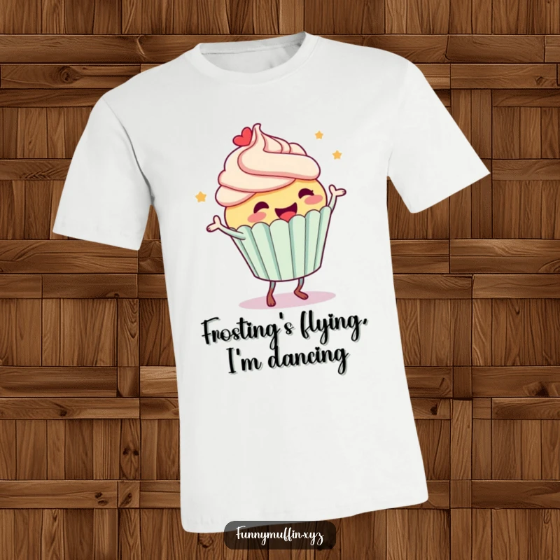 Funny t-shirt showcasing a jubilant cupcake character performing a silly dance with frosting mid-air, radiating pure fun.