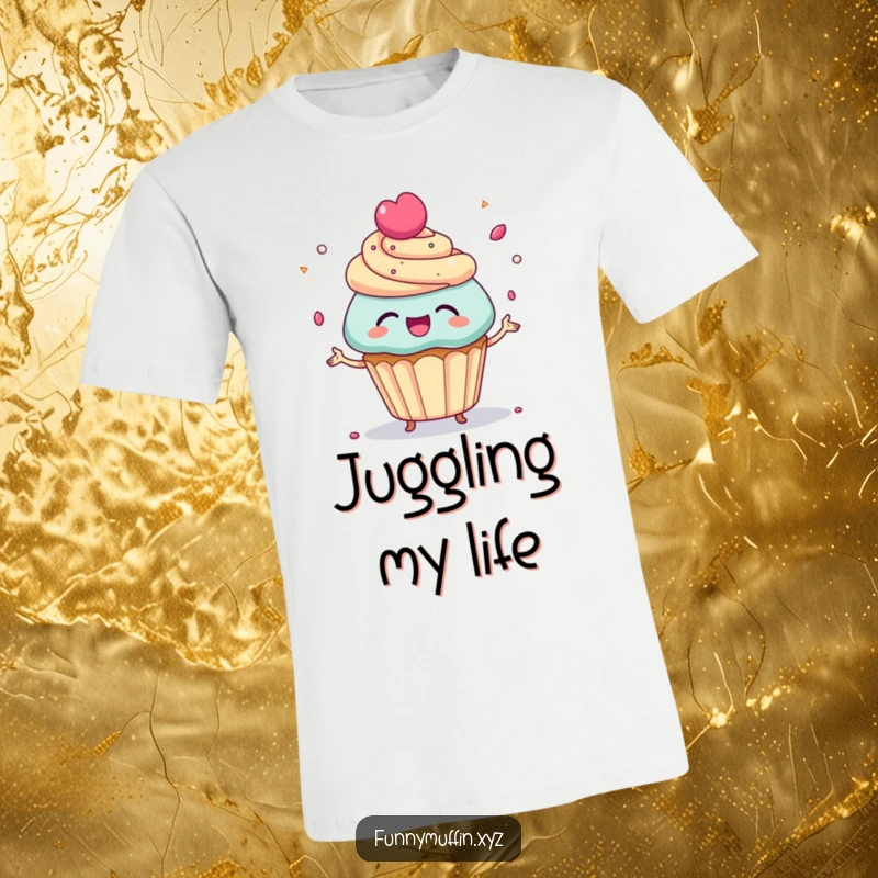 Funny T-Shirt showcasing a giggling cupcake character happily juggling tiny candy sprinkles with infectious delight and playful energy.
