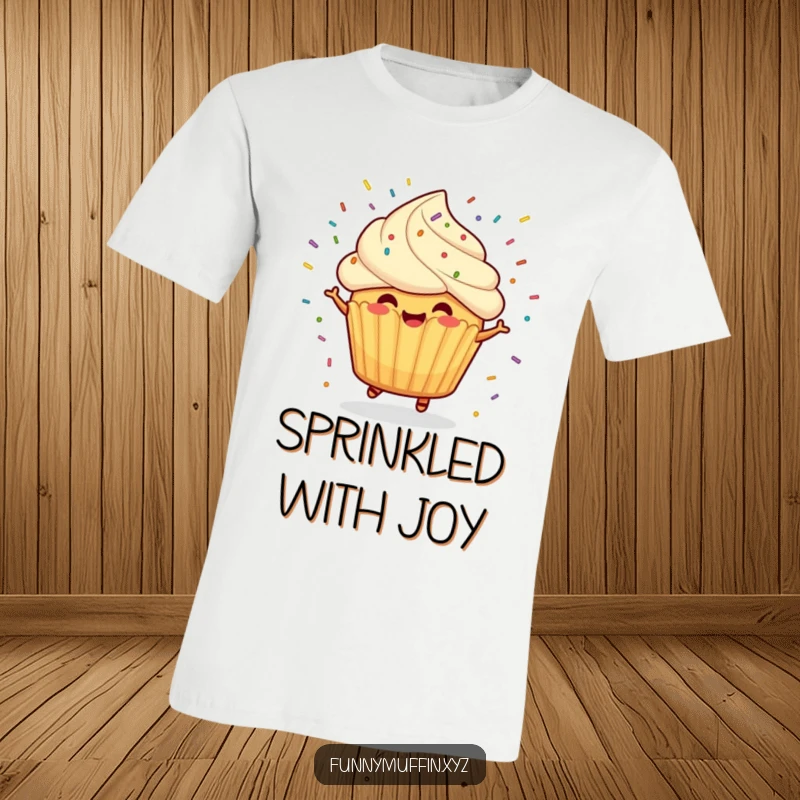 Funny t-shirt with a cheerful muffin character in mid-spin, with sprinkles flying everywhere, exuding pure celebration.
