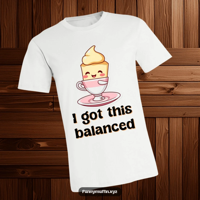Funny scone character t-shirt in a delightful pose, humorously balancing a teacup and saucer with a happy expression.