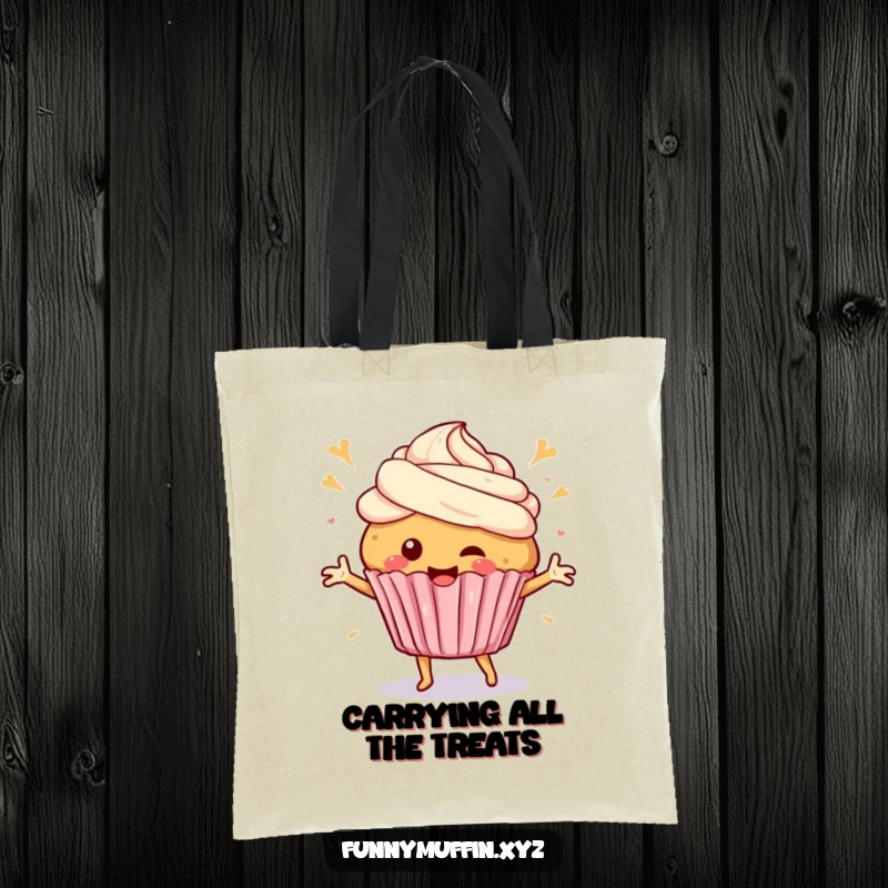 Funny Tote Bag with a happy muffin character dancing with frosting swirls, perfect for carrying treats with a dose of sweet joy.