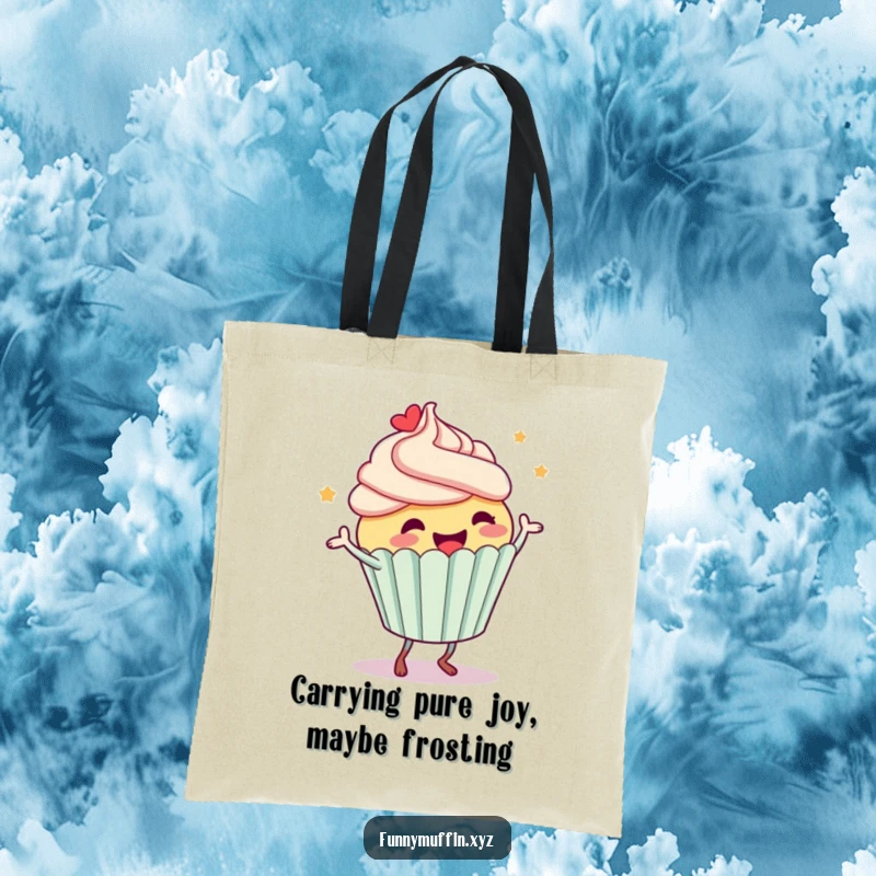 Funny tote bag featuring a happy cupcake character doing a silly dance, frosting flying, perfect for carrying essentials with a smile.