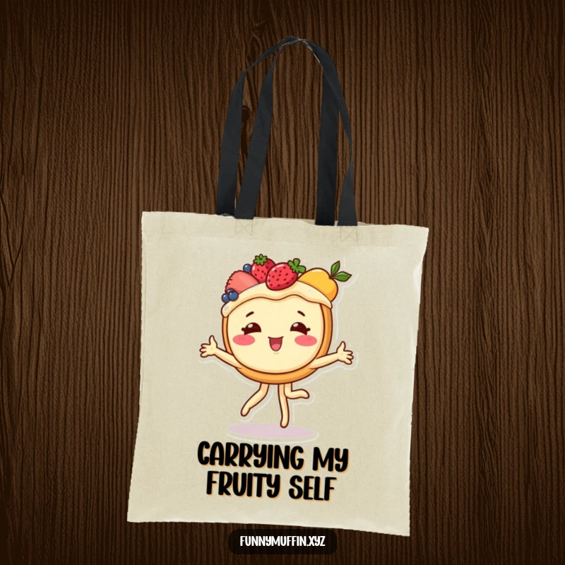 Funny tote bag depicting a cheerful fruit tart in a cartwheeling pose, designed for carrying essentials with playful sweetness.