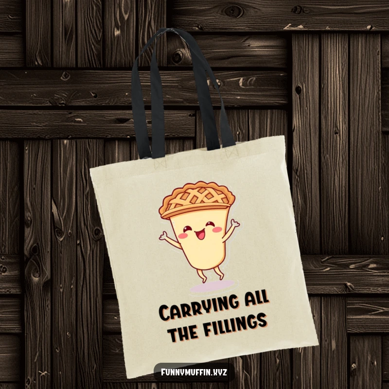 Funny tote bag with a cheerful pie character and lattice crust doing a playful shimmy, ready for adventure.